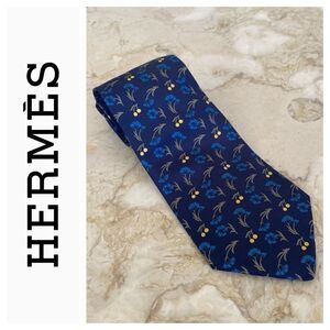 Hermes 100% Silk Tie Floral Blue Dianthus